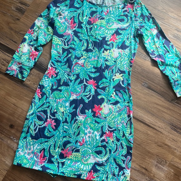 Lilly Pulitzer Dresses & Skirts - Lilly Pulitzer XXS Blue Green Elephant Plant Print Mini Dress Bodycon 3/4 Sleeve